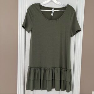 Zenana Premium Short Sleeve Ruffled Hem T-shirt Dress Olive Green Size S